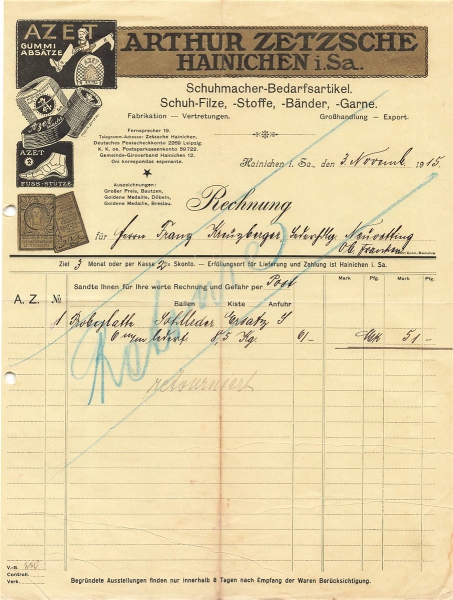 Alte Rechnung,"Arthur Zetzsche, Hainischen i.S." 03.11.1915