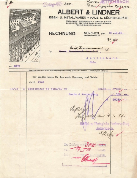 Alte Rechnung,"Albert & Lindner, München" 27.12.1922