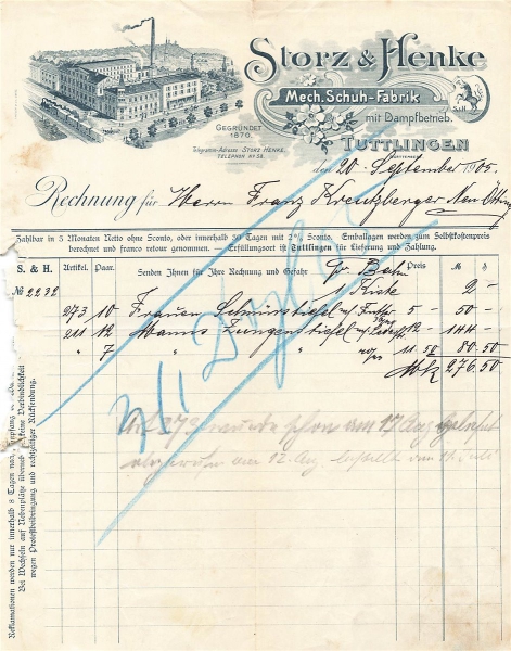 Alte Rechnung,"Storz & Henke, Tuttlingen" 20.09.1905