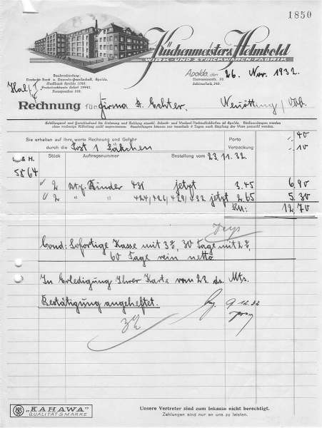 Alte Rechnung,"Küchenmeister & Helmhold, Apolda" 26.11.1932