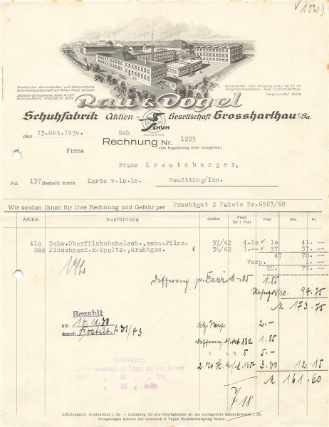Alte Rechnung,"Rau & Vogel, Grossharthau i.Sa." 06.10.1930