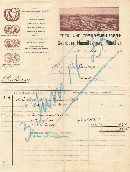 Alte Rechnungen, "Gebrüder Hesselberger, München" 25.04.1914