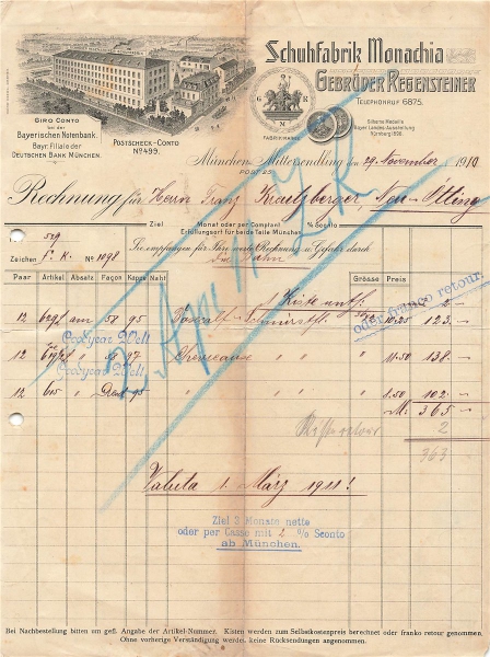 Alte Rechnungen, "Gebrüter Regensteiner, München" 29.11.1910