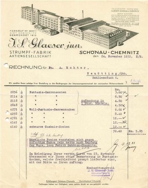 Alte Rechnungen,"I.S.Glaser jum., Schönau-Chemitz" 24.11.1932