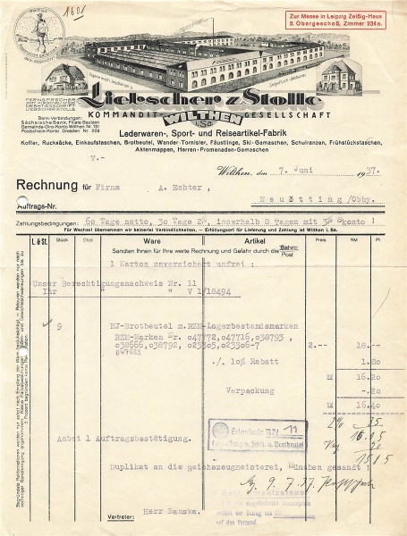 Alte Rechnungen, "Liebscher & Stolle, Wilthen" 07.06.1937