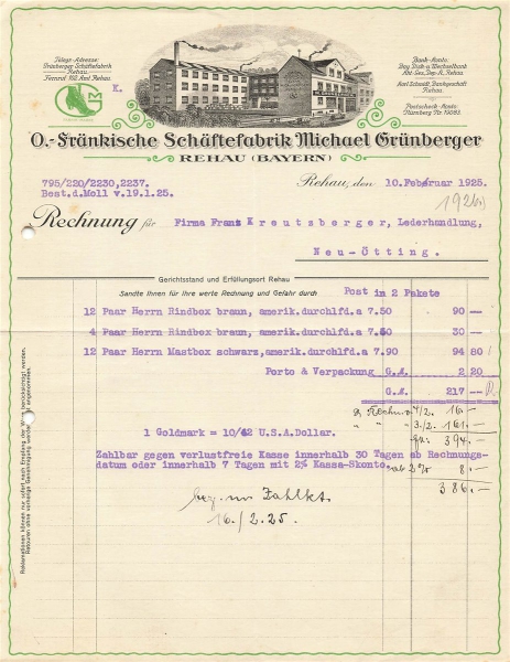 Alte Rechnungen, "O.-Fränk. Schäftf. Michael Grünberger, Rehau" 10.02.1925