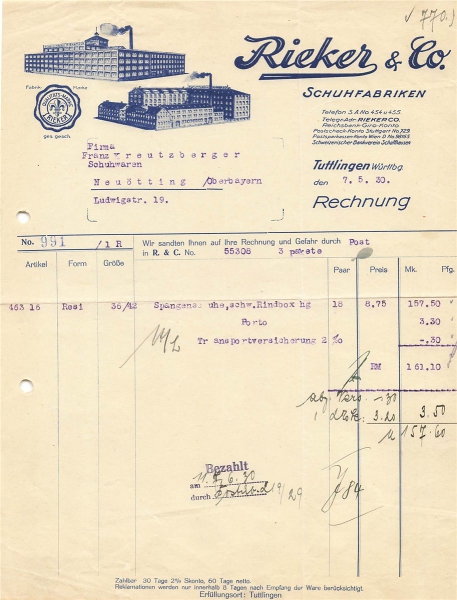 Alte Rechnungen, "Riecker & Co., Tuttlingen" 07.05.1930