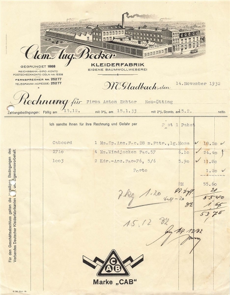 Alte Rechnungen, "Clem.Aug.Becker., Monchen Gladbach" 14.11.1932