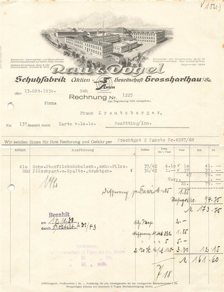 Alte Rechnungen, "Rau & Vogel, Grossharthau i.Sa." 13.10.1930