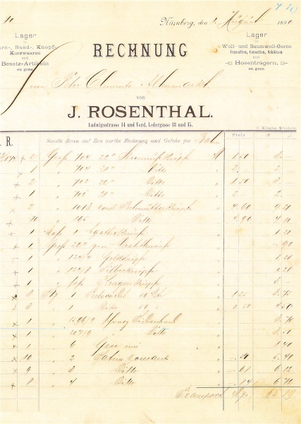 Alte Rechnung,"J.Rosenthal, Nürnberg" 01.08.1890