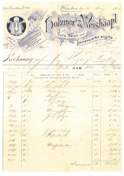 Alte Rechnung,"Holner & Weishäupl, München" 22.03.1906