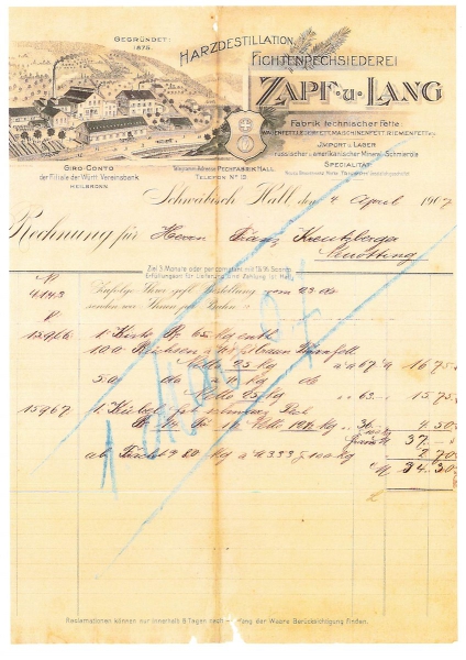 Alte Rechnung,"Zapf & Lang, Schwäbisch Hall" 04.04.1907