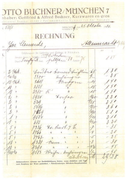 Alte Rechnung,"Otto Buchner, München" 25.10.1930