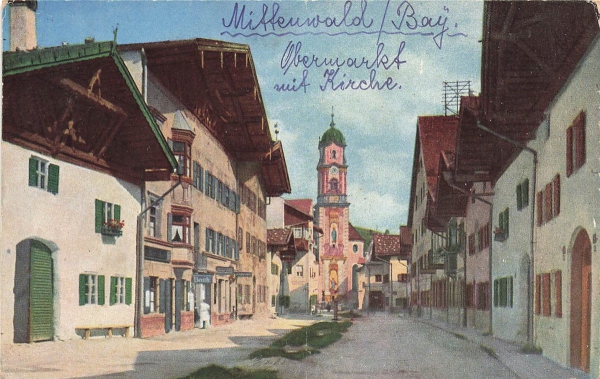 AK Mittenwald (82481), Obermarkt mit Blick auf die Kirche, n. gelaufen