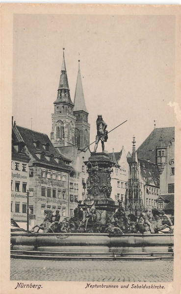AK Nürnberg (90402), Neptunbrunnen und Sebalduskirche, n. gelaufen