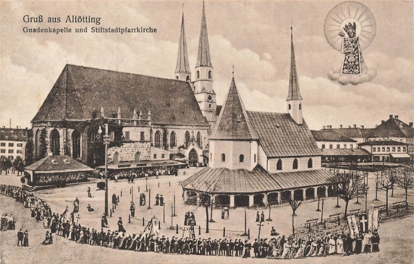 AK Altötting (84503), Gnadenkapelle und Stiftstadtpfarrkirche, gelaufen 15.05.1928