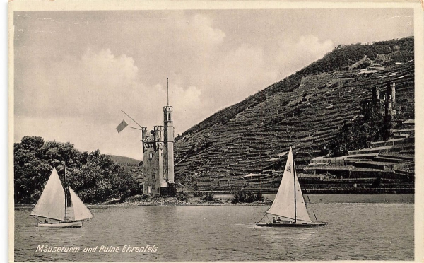 AK Bingen a.R. (55411), Mäuseturm und Ruine Ehrenfels, n. gelaufen