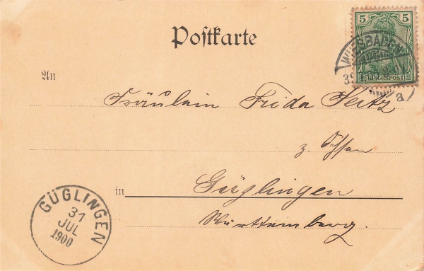 AK Wiesbaden (07545), Nerothal mit Kapelle, gelaufen am 31.07.1900 (Güglingen)