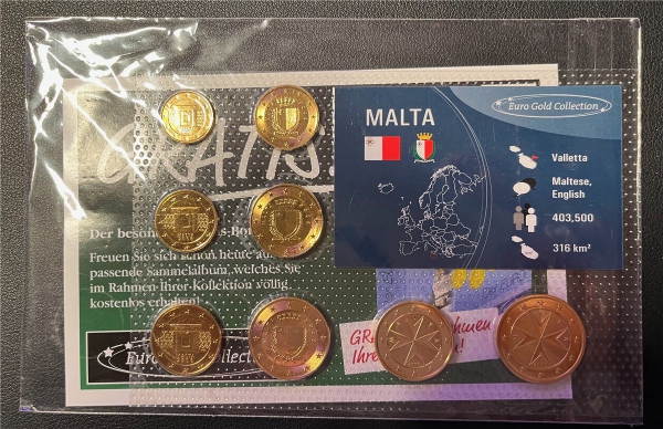 KMS - Malta - EURO-Motivsatz  2008 - vergoldet ("org.verpackt und in Noppenfolie verschweißt")
