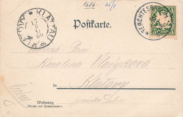 AK Marktschellenberg (83487), Gruss aus der Almbachklamm., gelaufen am 17.08.1900 (Klattau)