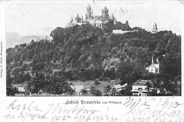 AK Braunfels (35619), Schloß Braunfels vom Wildpark, gelaufen am 14.07.1900 (Bad Reichenhall)