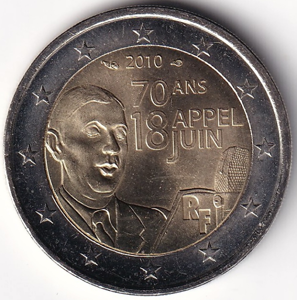 2 Euro Gedenkmünze Frankreich - 2010 - "70. Jahrestag d. Aufrufs v. 18. Juni 1940"