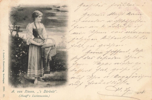 AK Künstlerkarte von Fr. Freitag ,,Ortschaft bei Winter-Abendhimmel", gelaufen am 08.12.1905 (Aue)