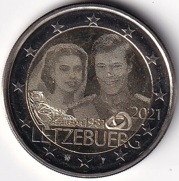 2 Euro Gedenkmünze Luxemburg - 2021 - "40. Hochzeitstag v. Großherzog Henri" (Reliefprägung)