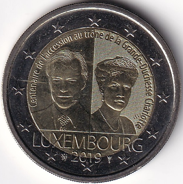 2 Euro Gedenkmünze Luxemburg - 2019 - "100. Jahrestag d. Thronbest. v. Großherzogin Chalotte"