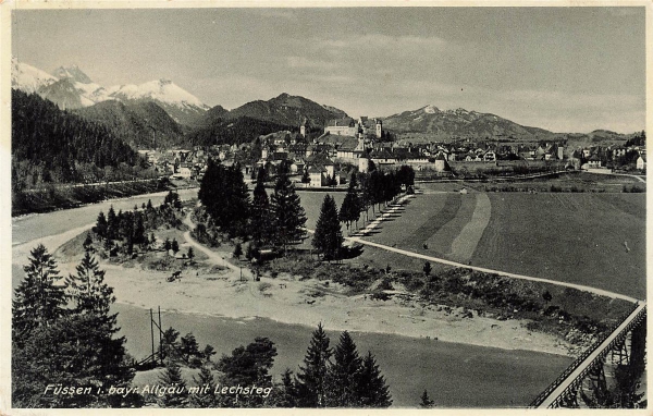 AK Füssen (87629), Füssen mit bayr Allgau mit Lechsteg, gelaufen am 01.09.1936 (Füssen)