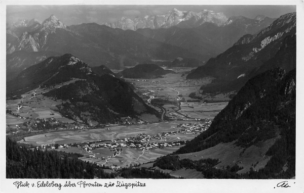 AK Pfronten (87459), Blick v. Edelsberg 1625 m nach Pfronten u. ins Vilstal, gelaufan am 24.05.1938 BAHNPOST