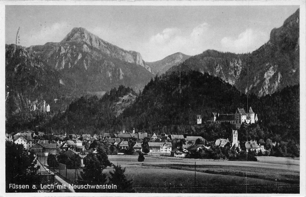 AK Füssen (87629), Füssen a. Lech mit Neuschwanstein , gelaufen am 12.06.1937 (Füssen)