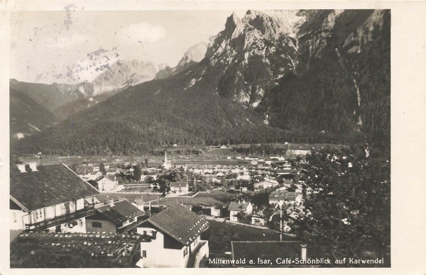 AK Mittenwald (82481),Café Schönblick auf Karwendel, BAHNPOST 15.07.1934 (München)