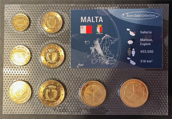 KMS - Malta - EURO-Motivsatz  2008 - vergoldet ("org.verpackt u. i. Noppenfolie verschweißt")