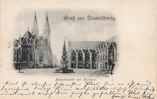 AK Braunschweig (38100) Gruss aus Brunschweig, Altstadtmarkt mit Brunnen, gelaufen am 16.11.1897 (Braunschweig)
