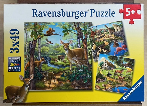 3 x 49 Pieces Jigsaw Puzzle, RAVENSBURGER, "Wald-/Zoo-/ Haustiere"