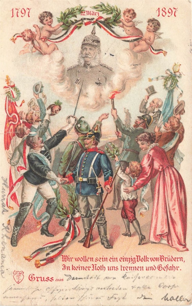 AK Künstlerkarte, "Wir wollen sein ein einzig Wolk von Brüdern...", gelaufen am 14.03.1897 (Darmstadt)