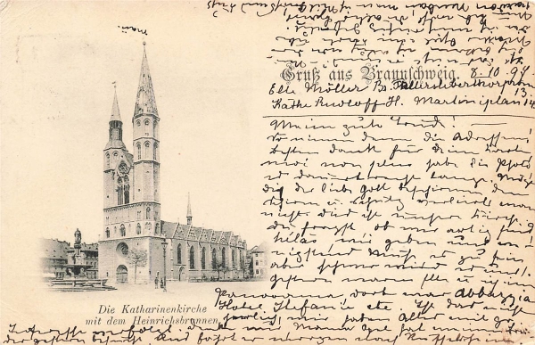 AK Braunschweig (38100) Gruss aus Brunschweig, Die Katharinenkirche, gelaufen am 08.10.1897 (Braunschweig)