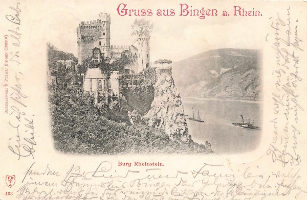AK Bingen a.R. (55411) Gruss aus Bingen a.R., Burg Rheinstein, gelaufen am 06.08.1897 (Hassfurt