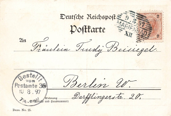 AK Künstlerkarte, "Gruss aus Marienbad - PRINZESS CHIMAY", gelaufen am 09.08.1897 (Marienbad)