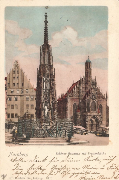 AK Nürnberg (90402) Schöner Brunnen mit Frauenkirche, gelaufen am 20.02.1902 (Nürnberg)