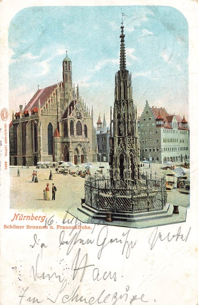 AK Nürnberg (90402) Schöner Brunnen und Frauenkirche, gelaufen am 07.08.1902 (Stretsch)