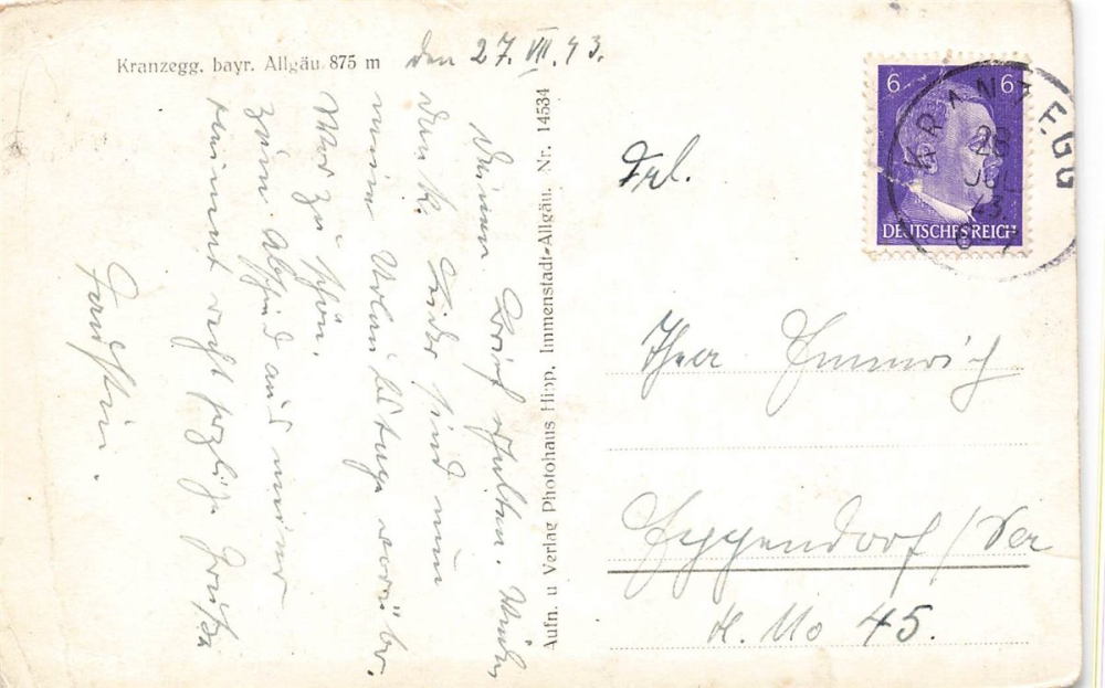 AK Kranzegg (87549) Kranzegg. bayr. Allgäu 875 m, gelaufen am 28.07.1943 (Kranzegg)