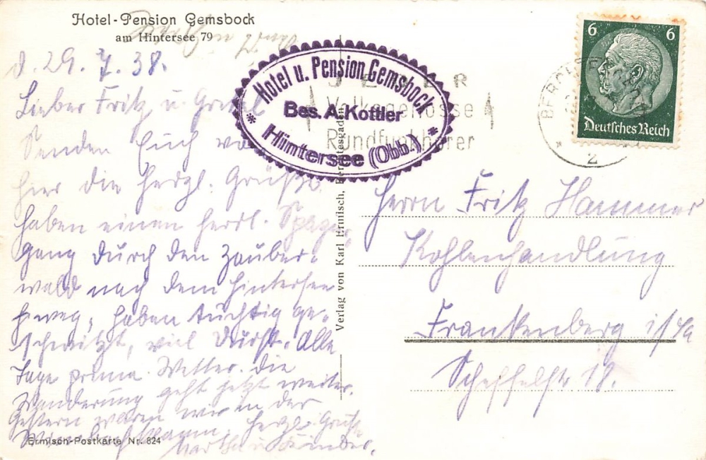 AK Hintersee (83486) Hotel- Pension Gemsbock, gelaufen am 29.07.1938 (n. zuerkennen)