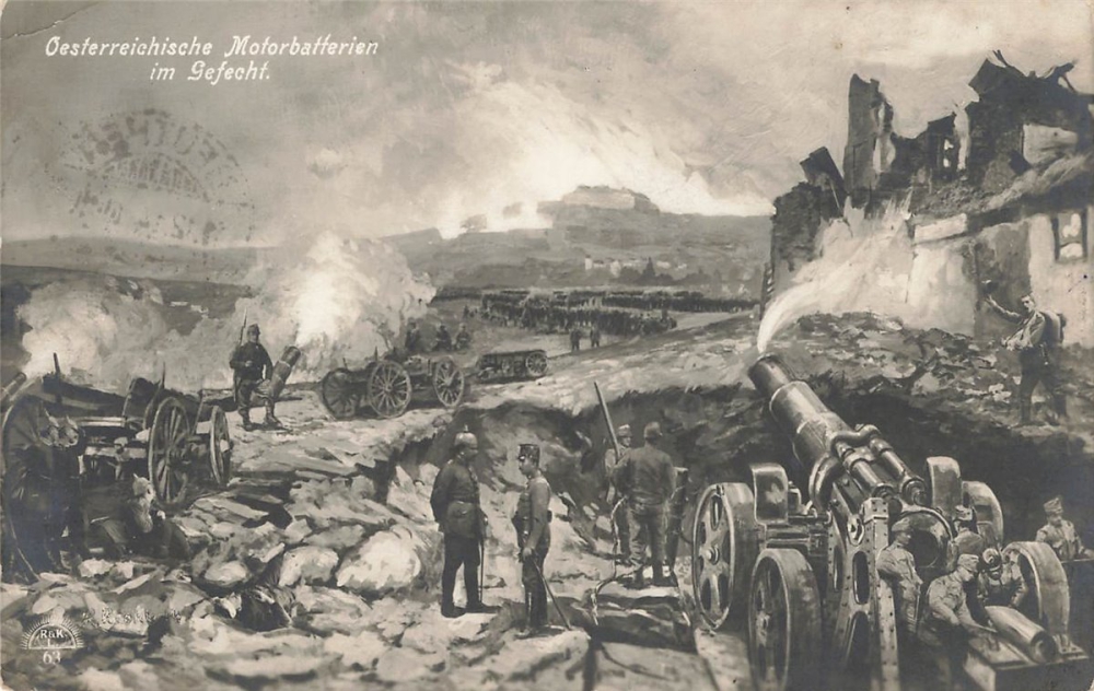 AK Ost. / Ung. Arnmee, Österr. Motorbatterie im Gefecht, Feldpost gelaufen am 14.12.1914