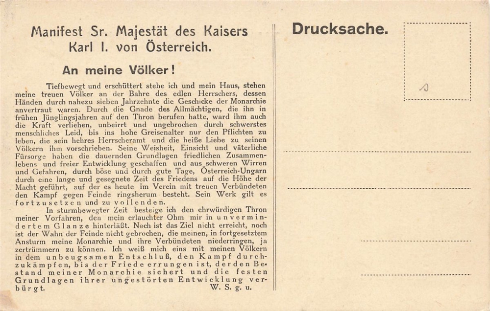 AK Manifest Sr. Majestät des Kaisers v. Österreich , n. gelaufen