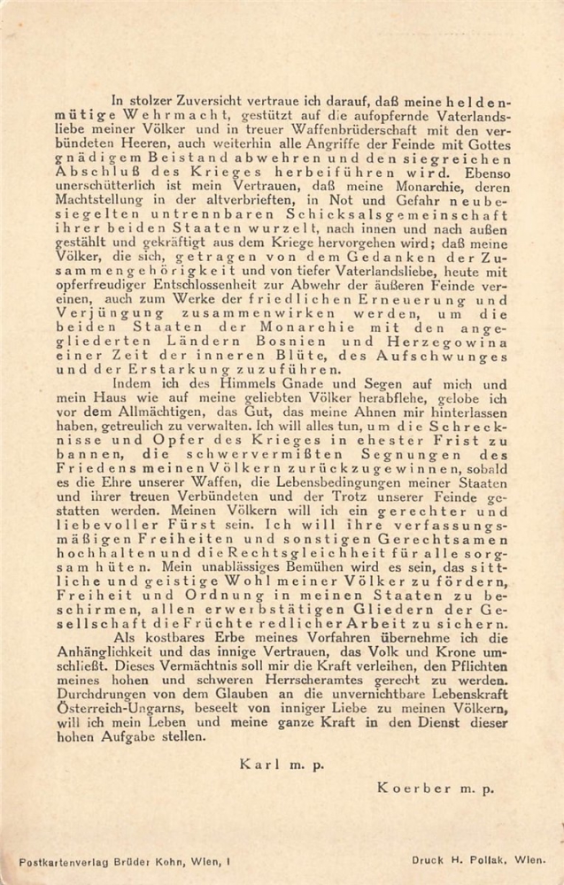 AK Manifest Sr. Majestät des Kaisers v. Österreich , n. gelaufen