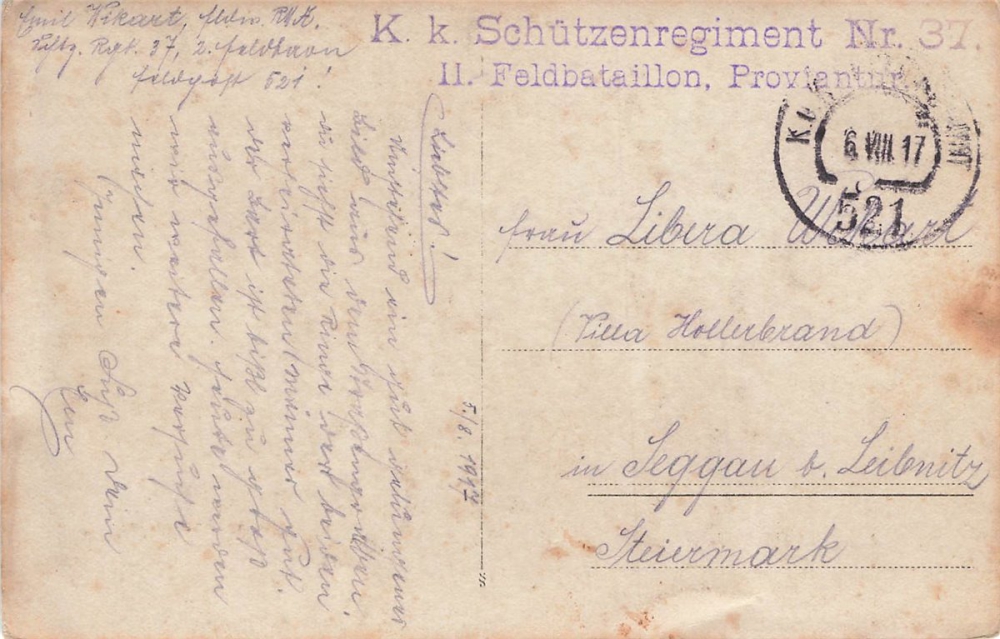 AK 1.WK, Ung / Öster. Armee, 3 Soldaten bei der Rast ,Feldpost, gelaufen am 06.08.1917