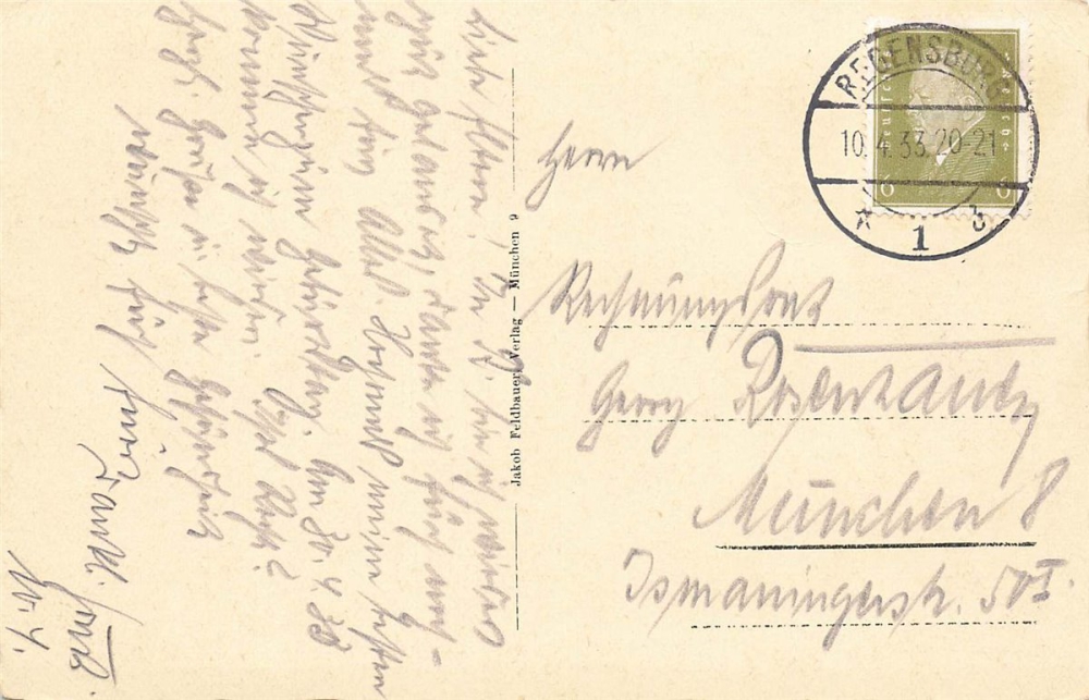 AK Regensburg (93047), Regensburg a. Donau, gelaufen 10.04.1933