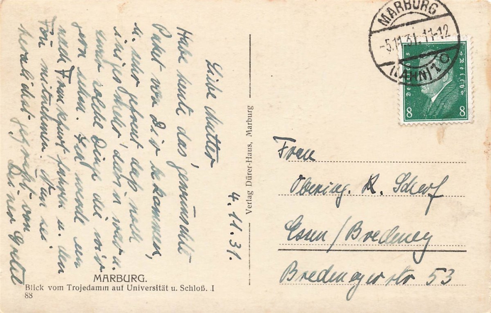 AK Marburg (35043), Blick auf Trojedamm auf Universität, gelaufen 05.11.1931